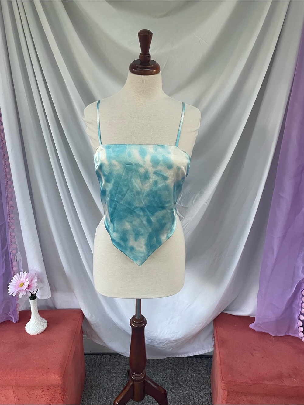 Justify Blue Tie-Dye Satin Handkerchief Cami